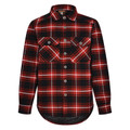 Black and red tartan plaid flannel jacket with dual chest pockets and white snap-button closure