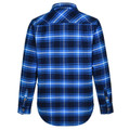 Navy and royal blue plaid quilted flannel shirt jacket with button cuffs, back view showing horizontal check pattern