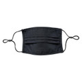 Black reusable cotton face mask with pleated front panel and adjustable ear loops laid flat on white background