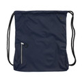 Navy blue ripstop drawstring backpack with front zippered pocket and black cord straps