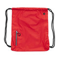 Bright red ripstop drawstring backpack with black cords and front zip pocket