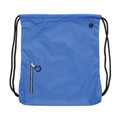 Royal blue ripstop drawstring backpack with black cords and front zippered pocket