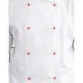 White chef jacket showing eight red snap-on buttons arranged in double-breasted style