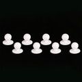 Eight white round chef jacket buttons with smooth domed tops arranged in two rows on black background