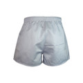 Light grey rugby shorts with elasticated waistband and side splits, shown from rear view