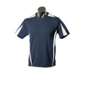 Navy sports tee with white contrast side panels and sleeve piping on textured mini-waffle fabric