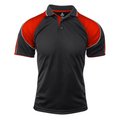 Black+Red MURRAY Men's Sports Polo featuring Mini Waffle Driwear fabric for moisture-wicking comfort, a classic three-button placket, and a breathable fit for golf, team sports, or corporate uniforms.