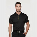Man wearing black short-sleeve polo with gold contrast piping at collar and placket