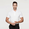 Man wearing white short-sleeve polo shirt with mini waffle knit texture and two-button placket
