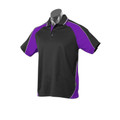 Black polo shirt with purple side panels and white piping trim detail