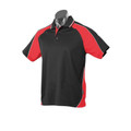 Black polo shirt with red and white contrast panels on sleeves and sides