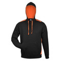 Black fleece hoodie with vibrant orange contrast hood lining, drawcords, shoulder panels and kangaroo pocket