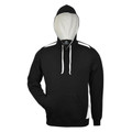 Black fleece hoodie with white contrast hood lining and white drawcords