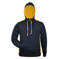 Navy fleece hoodie with gold contrast lining, drawstrings, and side panels featuring kangaroo pocket