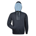 Charcoal grey pullover hoodie with sky blue contrast hood lining and white drawcords with kangaroo pocket