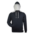Navy fleece hoodie with white contrast drawcords and inner hood lining, front kangaroo pocket