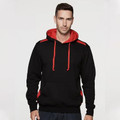 Man wearing black fleece pullover hoodie with red contrast panels on shoulders, hood lining, and drawcords