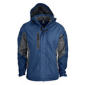 Navy SUMMIT men's waterproof and seam-sealed jacket with a brushed fleece lining, featuring a detachable hood and high-performance weather protection (WP 5000/BP 5000) for cold-weather outdoor and work use.