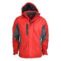 Red SUMMIT men's waterproof and seam-sealed jacket with a brushed fleece lining, featuring a detachable hood and high-performance weather protection (WP 5000/BP 5000) for cold-weather outdoor and work use.