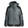 Grey padded waterproof jacket with black contrast panels on shoulders, sleeves and hem, featuring detachable hood