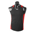 Charcoal grey sleeveless singlet with red contrast side panels and shoulder inserts in mini-waffle knit fabric