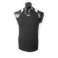 Black sleeveless singlet with mini-waffle knit texture and contrast white shoulder panels on mannequin