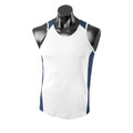 White sleeveless singlet with navy contrast side panels and shoulder inserts in textured mini-waffle knit fabric