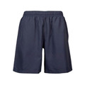 Navy athletic shorts with elasticated waistband in smooth polyester fabric