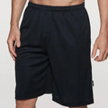 Black polyester waffle knit shorts with elasticated waistband and side pocket detail