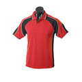 Red sports polo with charcoal and white contrast panels on sides and sleeves, featuring collar tipping