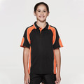 Child wearing black and orange sports polo with contrast side panels, white piping, and two-button placket