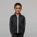 Black sports jacket with white contrast piping and full-length zipper on child model
