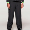 Charcoal grey ripstop track pants with relaxed fit and elastic waistband, featuring contrast lime green cuff details