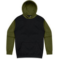 Black fleece hoodie with olive green contrast sleeves, hood and kangaroo pocket for youth sizing