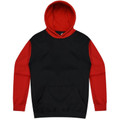 Black fleece hoodie with bright red contrast sleeves and hood, featuring kangaroo pocket