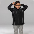 Child wearing black softshell zip-up hooded jacket with white contrast piping and chest zip pocket