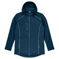 Navy kids softshell jacket with hood, white contrast piping along seams and zippered chest pocket
