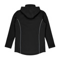 Black kids softshell jacket with attached hood and white contrast piping along side seams