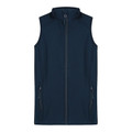 Navy softshell vest with full front zipper, high collar, and zippered side pockets for kids