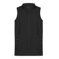 Black softshell vest with full-length centre zip, stand collar, and zippered side pockets