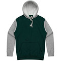 Forest green hoodie with grey marle contrast sleeves and hood lining featuring kangaroo pocket