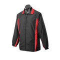 Kids black and red polyester tracktop jacket with contrast side panels, zip front and ribbed cuffs on mannequin