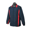 Navy zip-up tracksuit jacket with red contrast panels on collar and sides, polyester construction with elastic cuffs