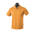 Gold short-sleeved polo shirt with three-button placket and textured waffle knit fabric