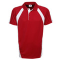 Red polo shirt with white contrast panels on shoulders and sides featuring mini-waffle texture fabric