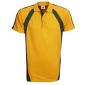 Gold and bottle green contrast panel polo shirt with three-button placket and raglan-style side inserts