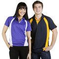 Man wearing navy and gold contrast panel mini-waffle polo with buttoned placket alongside woman in purple and white version