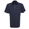 Navy polo shirt with thin white horizontal stripes, collared with two-button placket