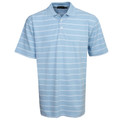 Light blue polo shirt with white horizontal stripes and classic collar with button placket