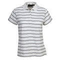 White ladies polo shirt with charcoal horizontal stripes and contrast collar detail